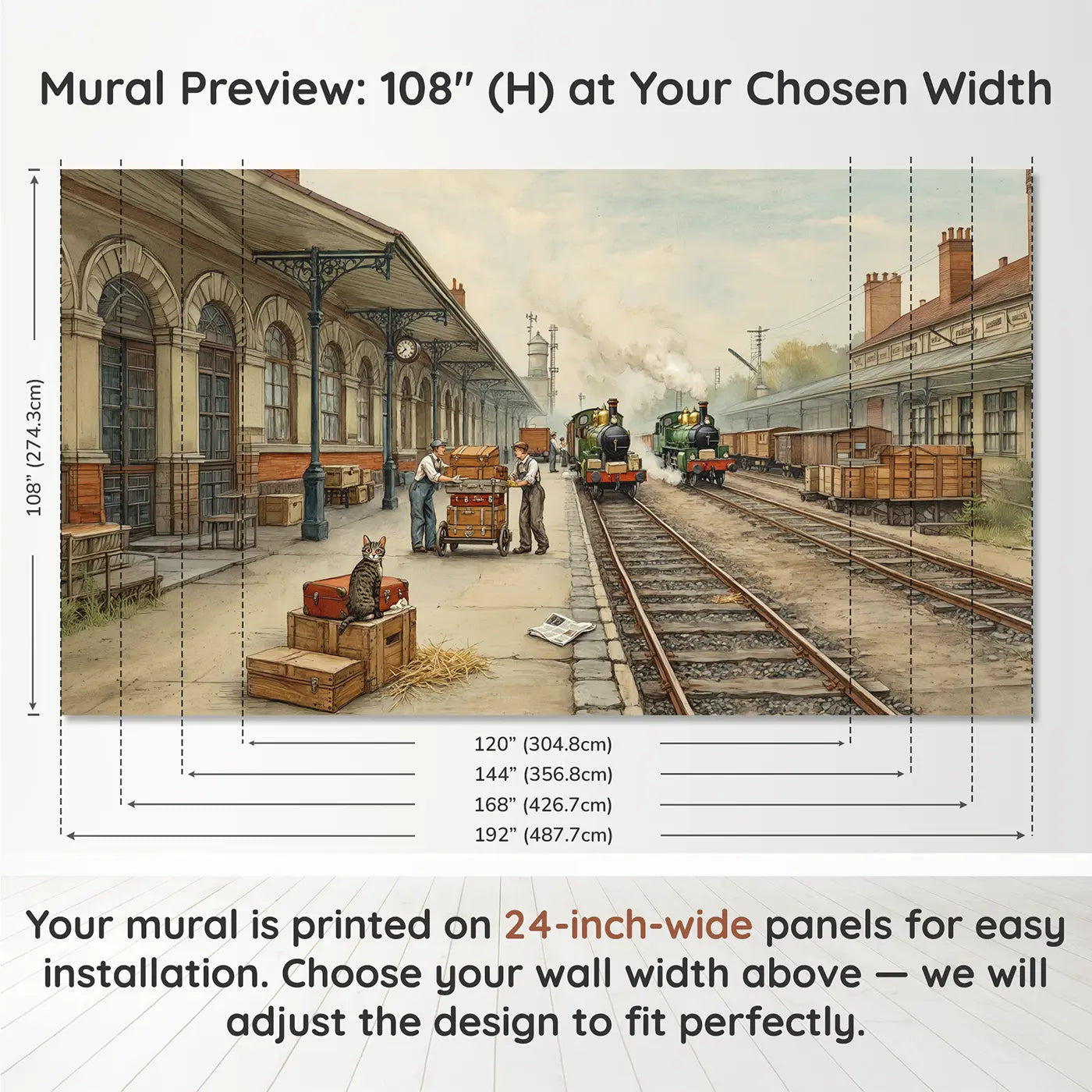 Panel layout and dimensions for Train Station Cargo Loading Wallpaper Mural by Whimsy Tots