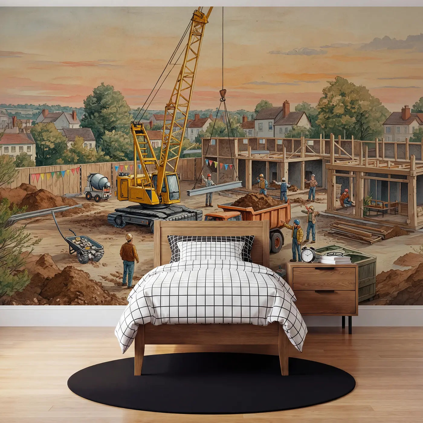 Storybook construction site busy morning wallpaper mural for kids room by Whimsy Tots