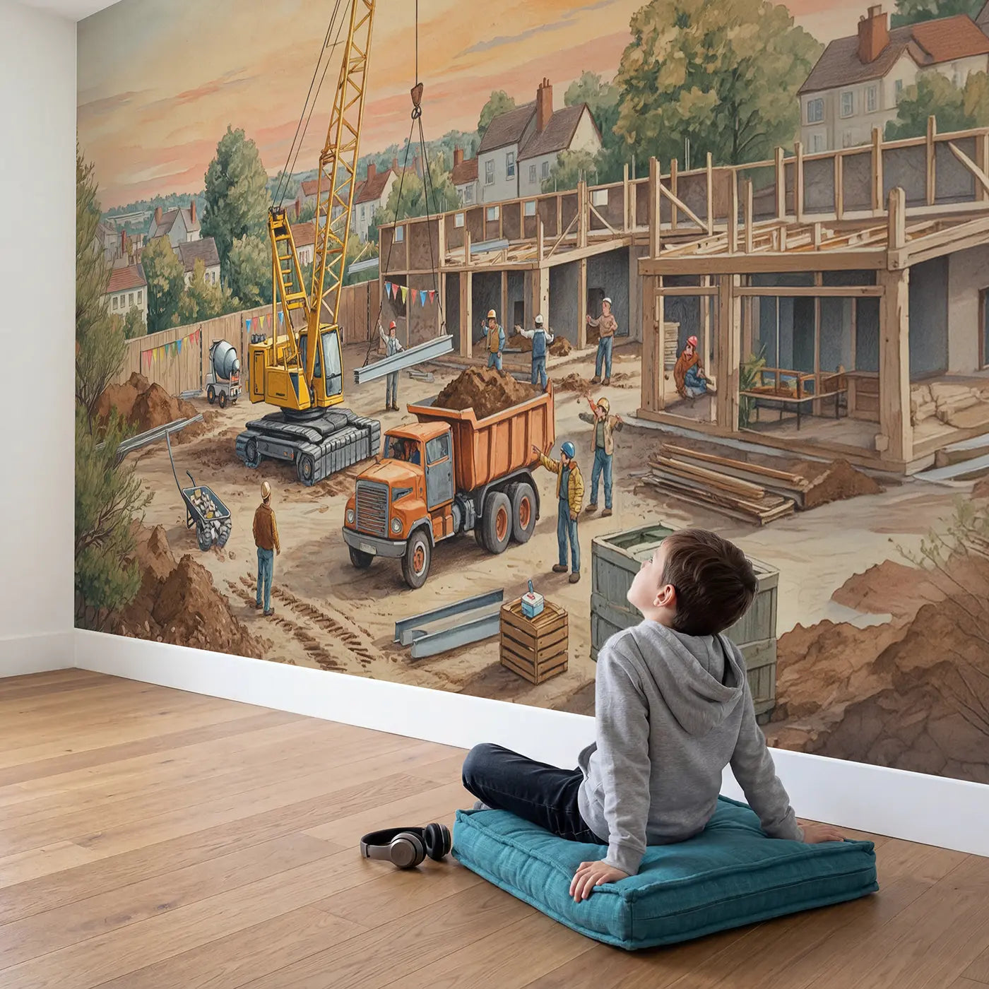 Child in nursery with Construction Site Busy Morning Wallpaper Mural by Whimsy Tots