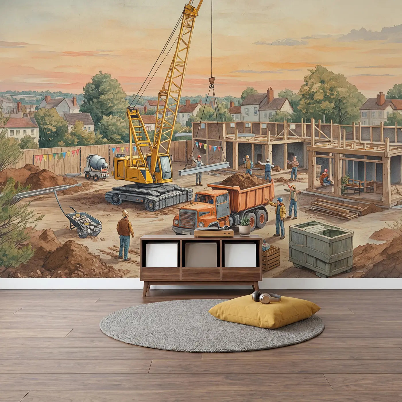 Construction Site Busy Morning Wallpaper Mural in playroom setting by Whimsy Tots