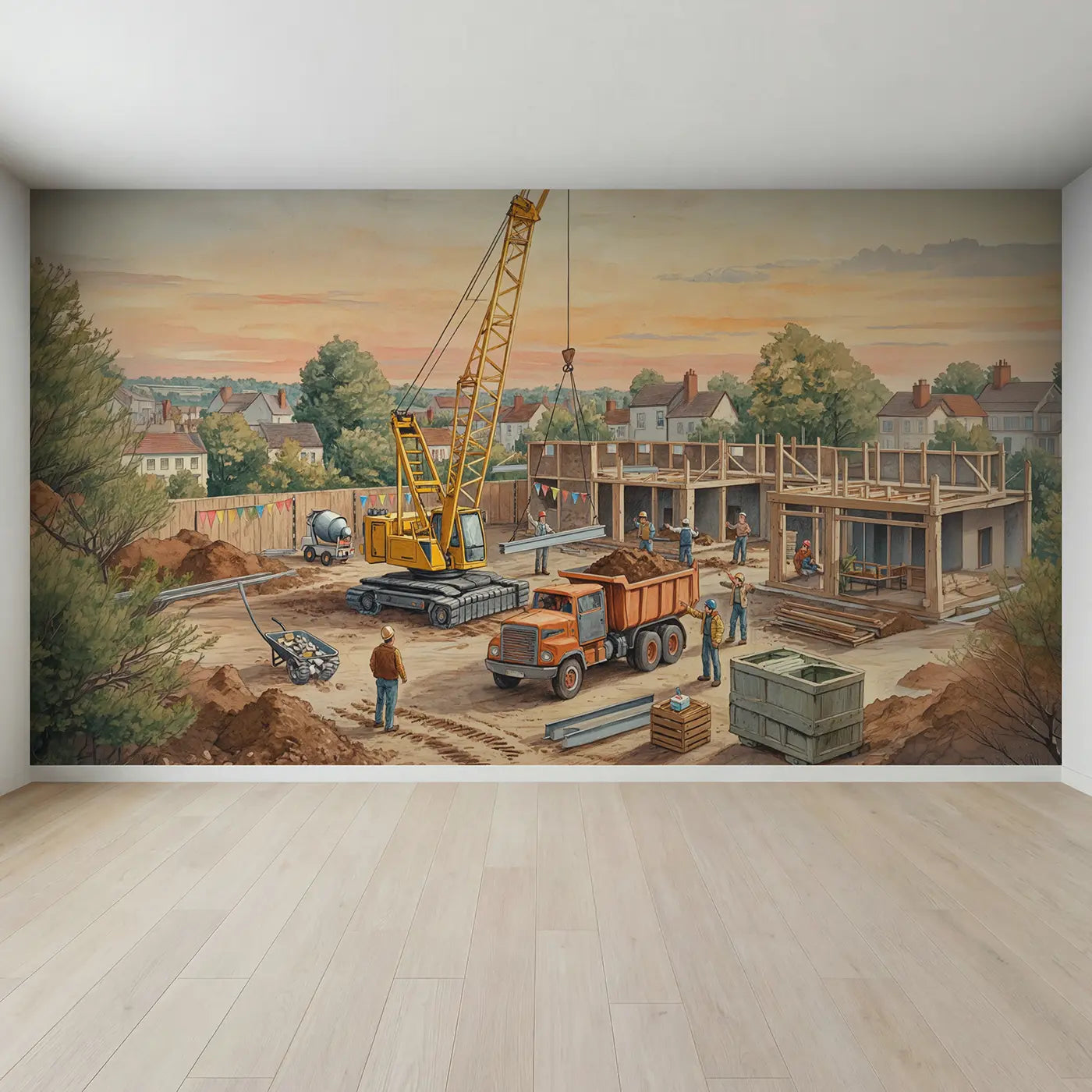 Full view of Construction Site Busy Morning Wallpaper Mural by Whimsy Tots