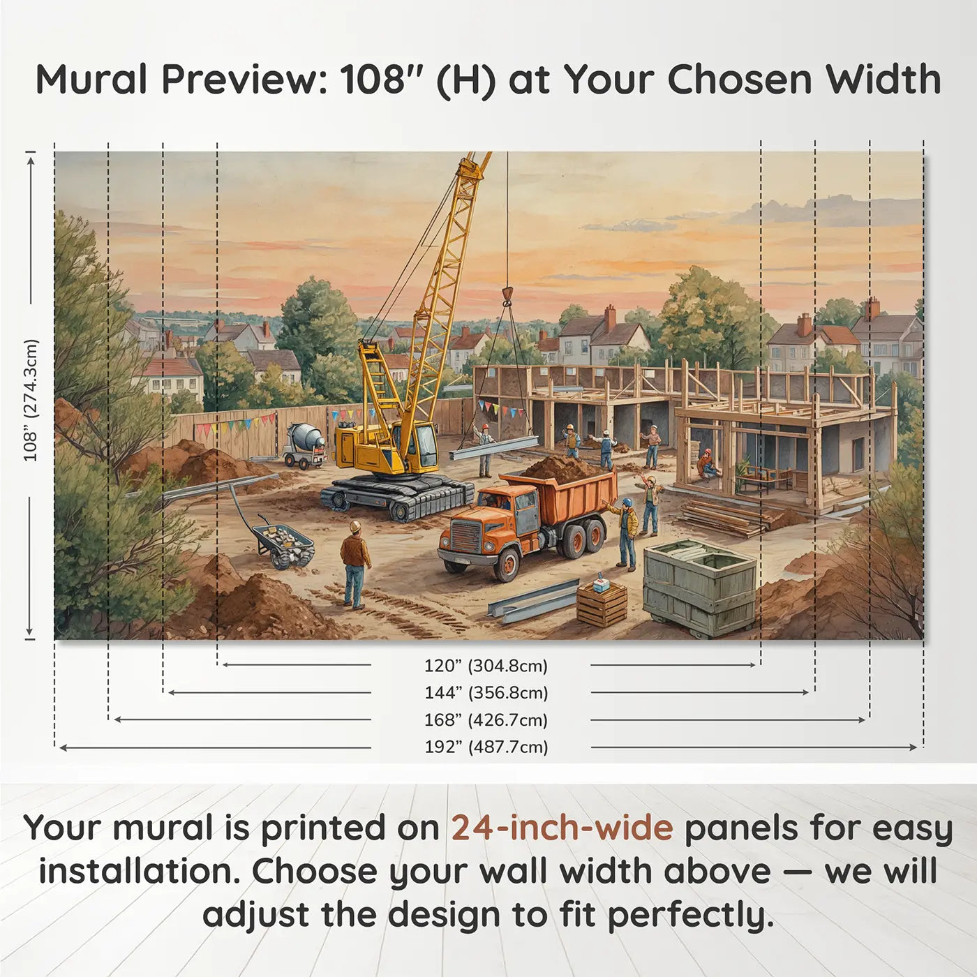 Panel layout and dimensions for Construction Site Busy Morning Wallpaper Mural by Whimsy Tots