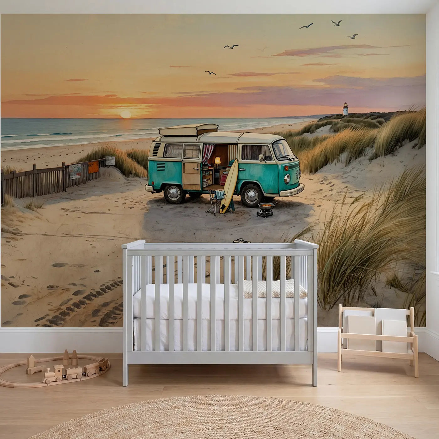 Storybook beach camper van coastal wallpaper mural for nursery by Whimsy Tots