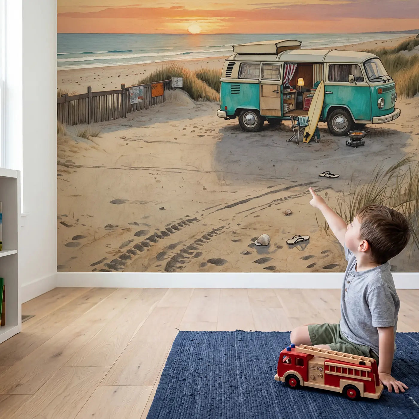 Child in nursery with Beach Camper Van Wallpaper Mural by Whimsy Tots