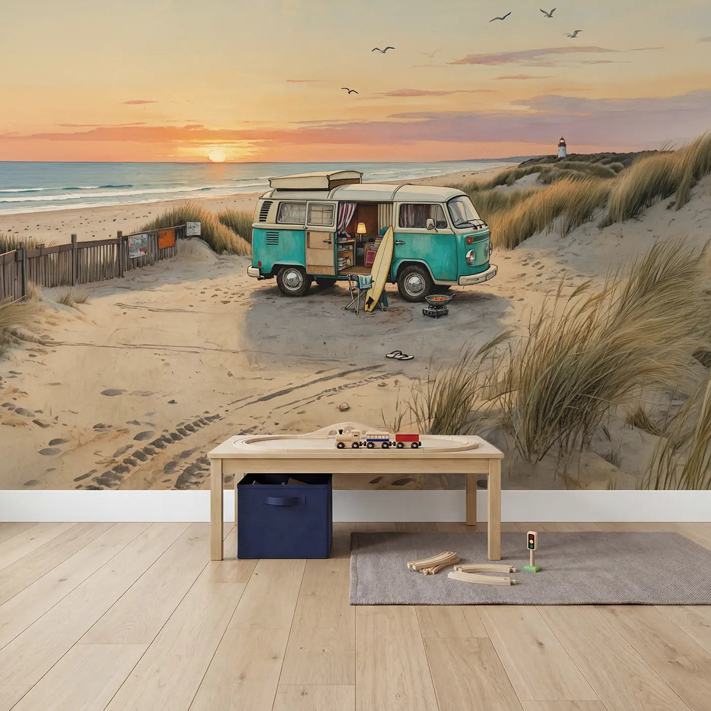 Beach Camper Van Wallpaper Mural in playroom setting by Whimsy Tots