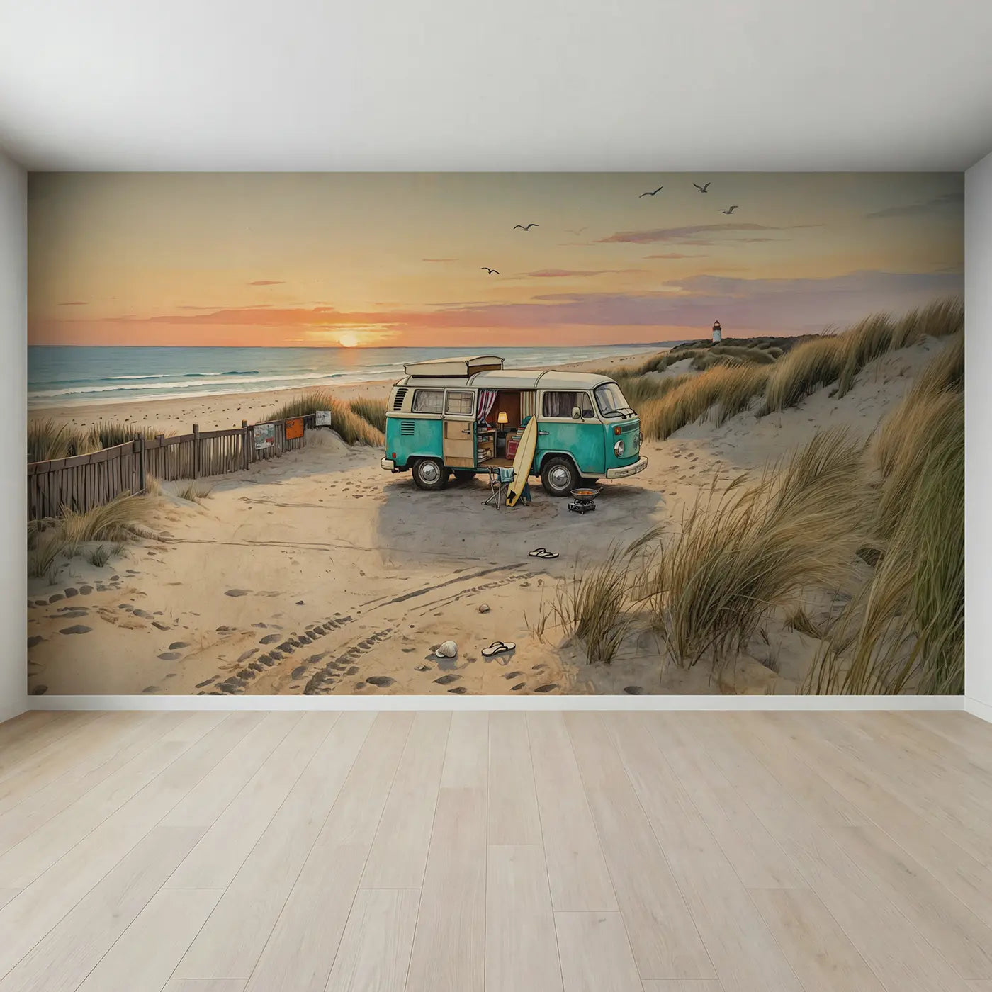 Full view of Beach Camper Van Wallpaper Mural by Whimsy Tots