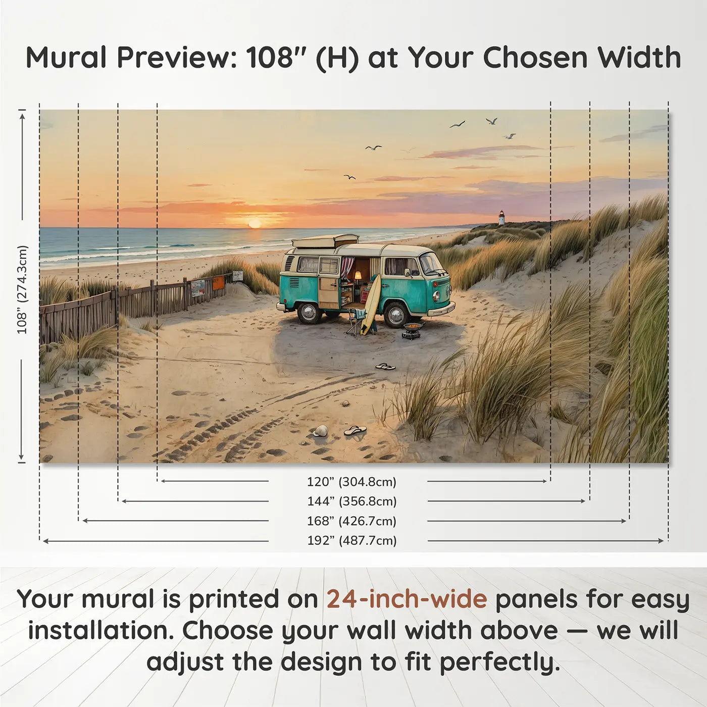 Panel layout and dimensions for Beach Camper Van Wallpaper Mural by Whimsy Tots