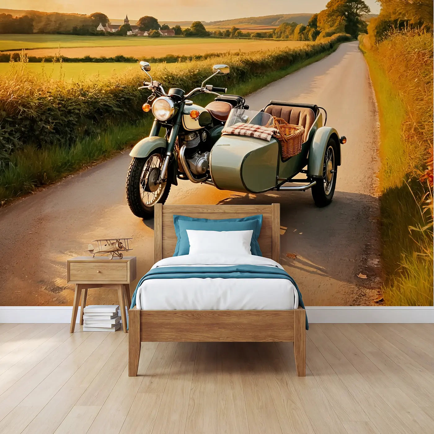 Soft Pastel vintage motorcycle country road wallpaper mural for boys room by Whimsy Tots
