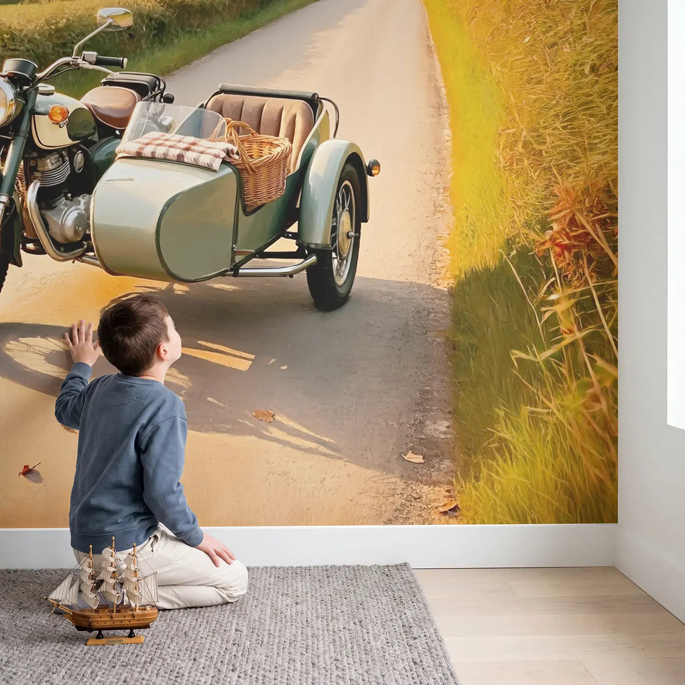 Child in nursery with Vintage Motorcycle Country Road Wallpaper Mural by Whimsy Tots