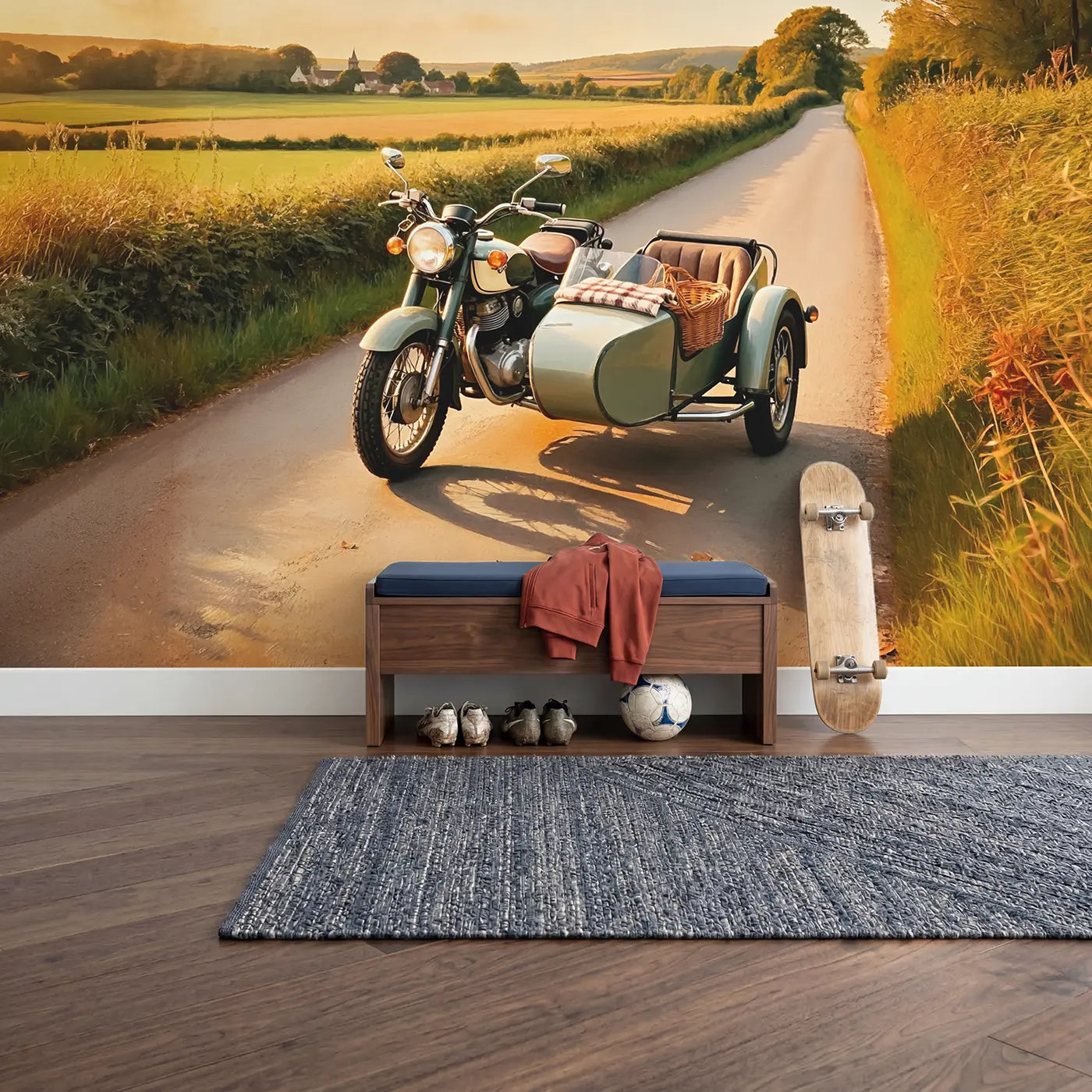 Vintage Motorcycle Country Road Wallpaper Mural in playroom setting by Whimsy Tots