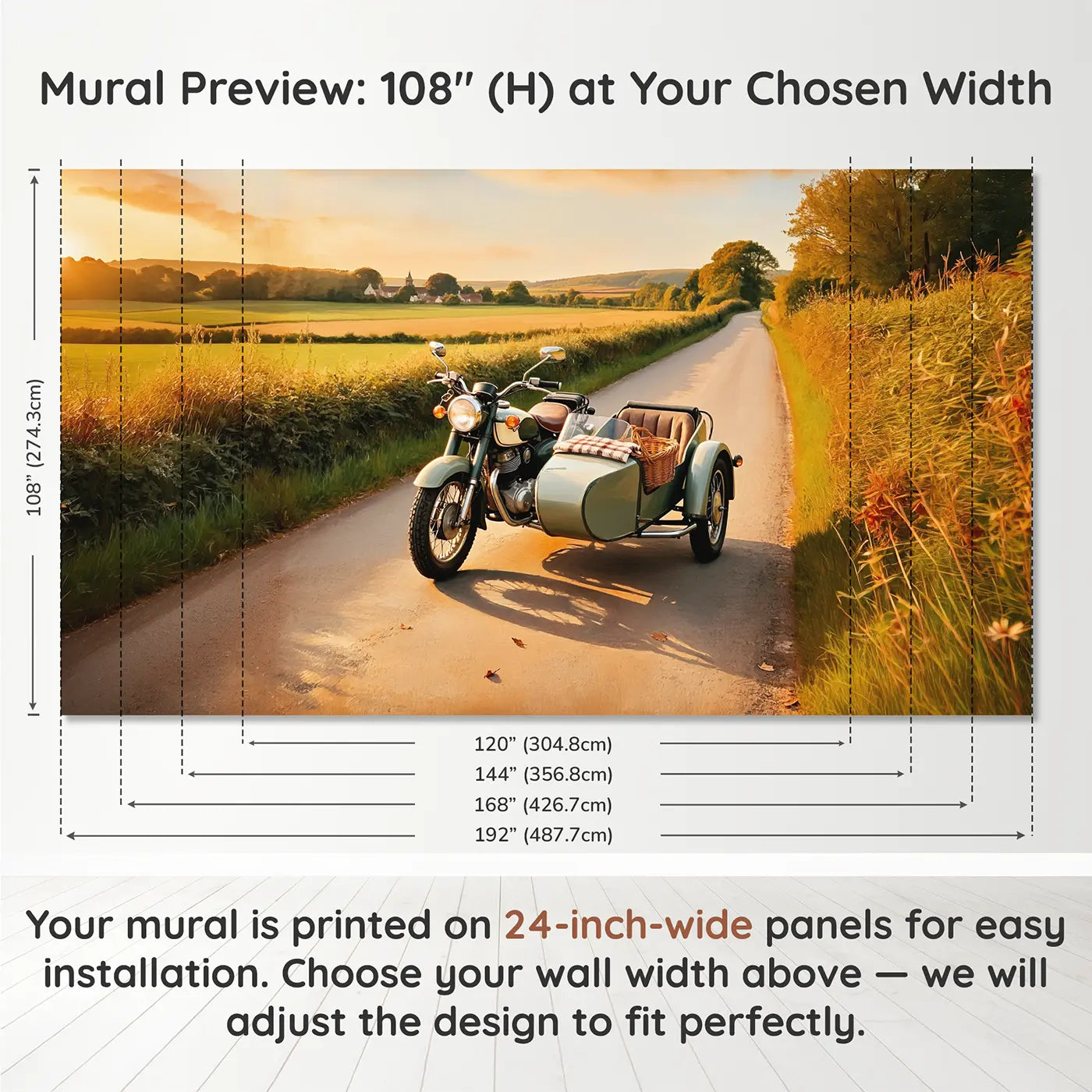 Panel layout and dimensions for Vintage Motorcycle Country Road Wallpaper Mural by Whimsy Tots