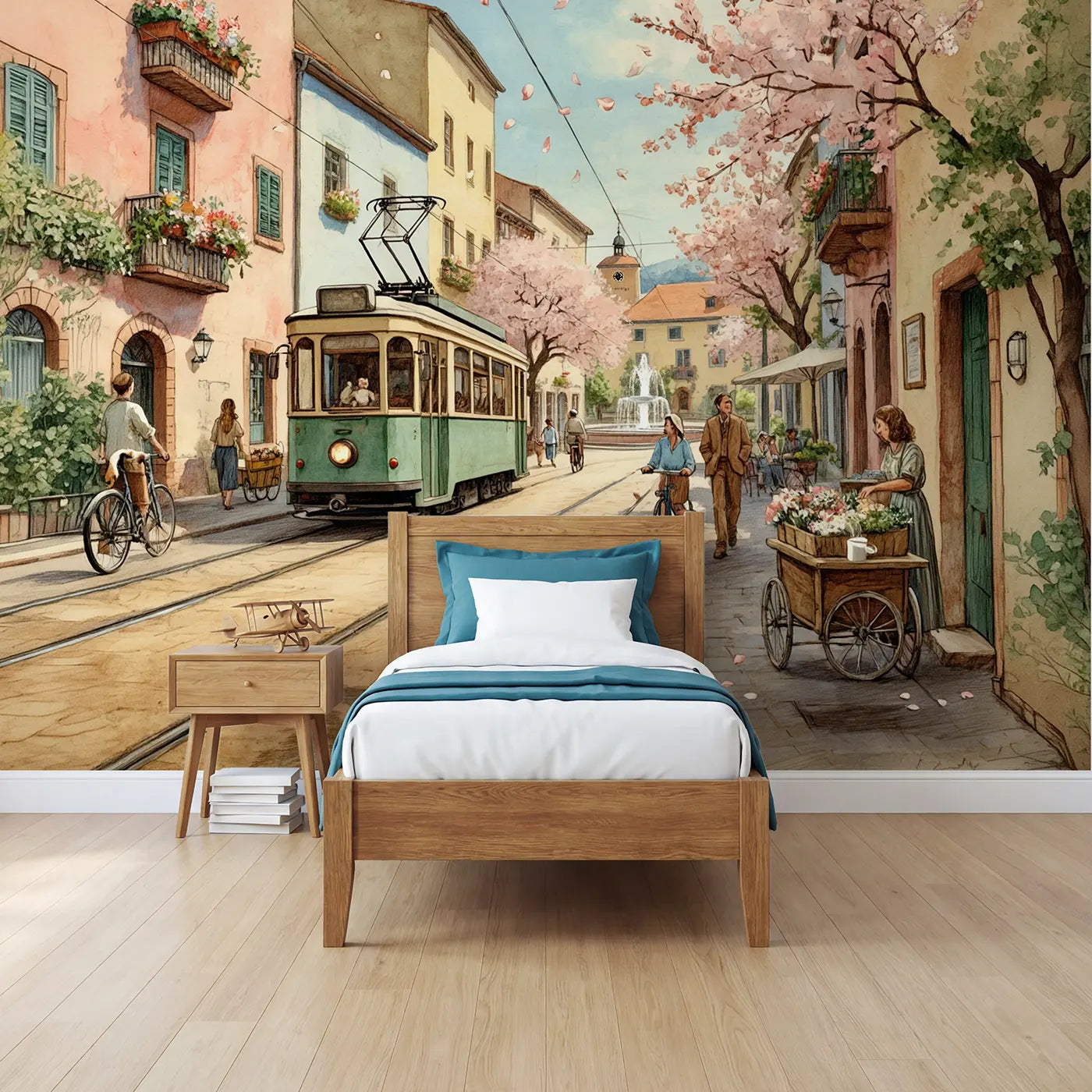Storybook electric tram on flower street wallpaper mural for boys room by Whimsy Tots