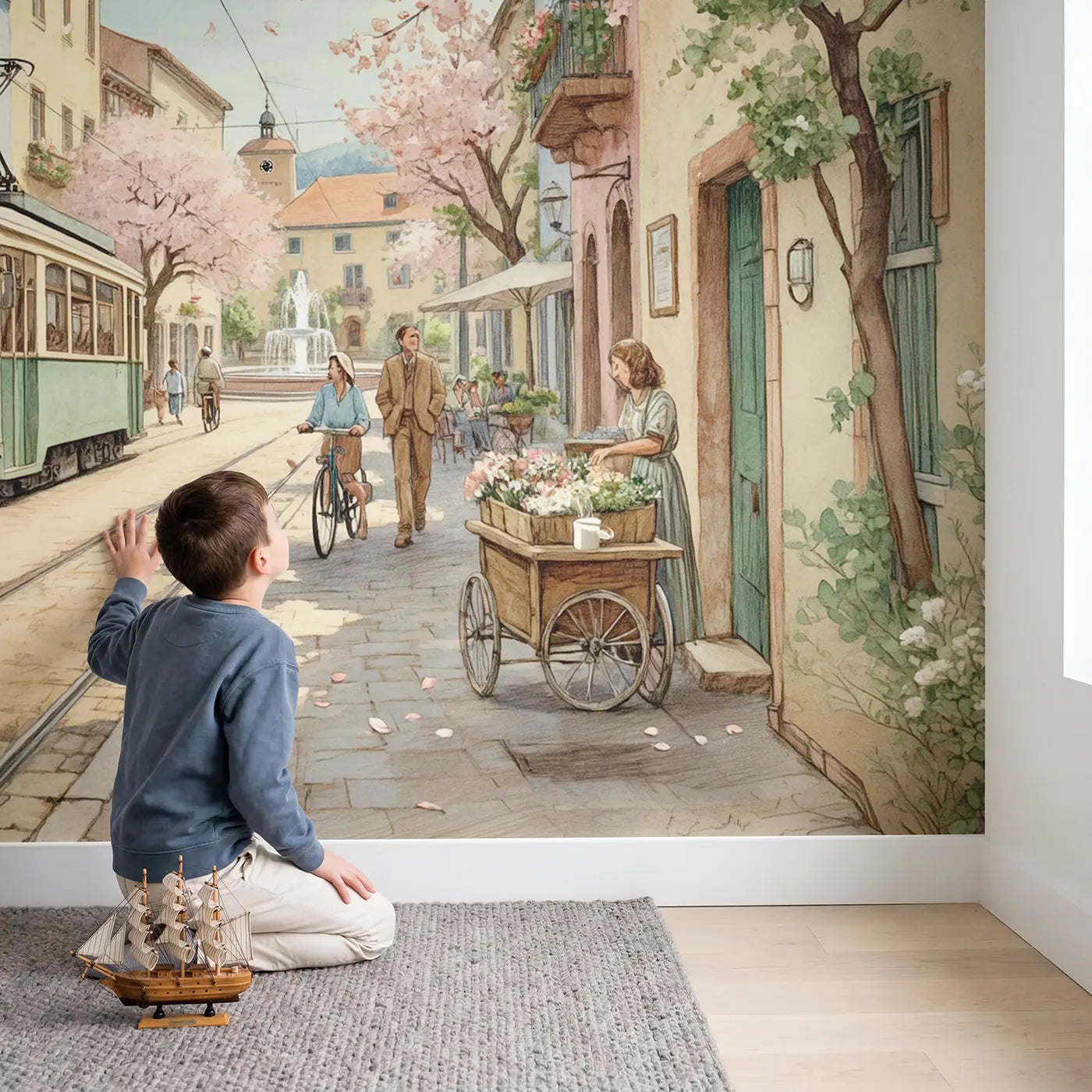 Child in nursery with Flower Street Electric Tram Wallpaper Mural by Whimsy Tots