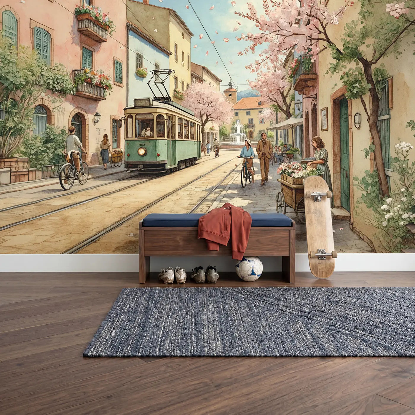 Flower Street Electric Tram Wallpaper Mural in playroom setting by Whimsy Tots