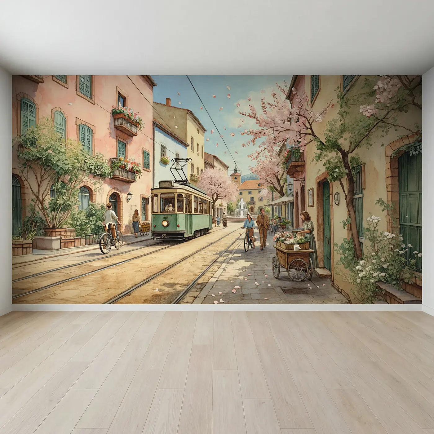 Full view of Flower Street Electric Tram Wallpaper Mural by Whimsy Tots
