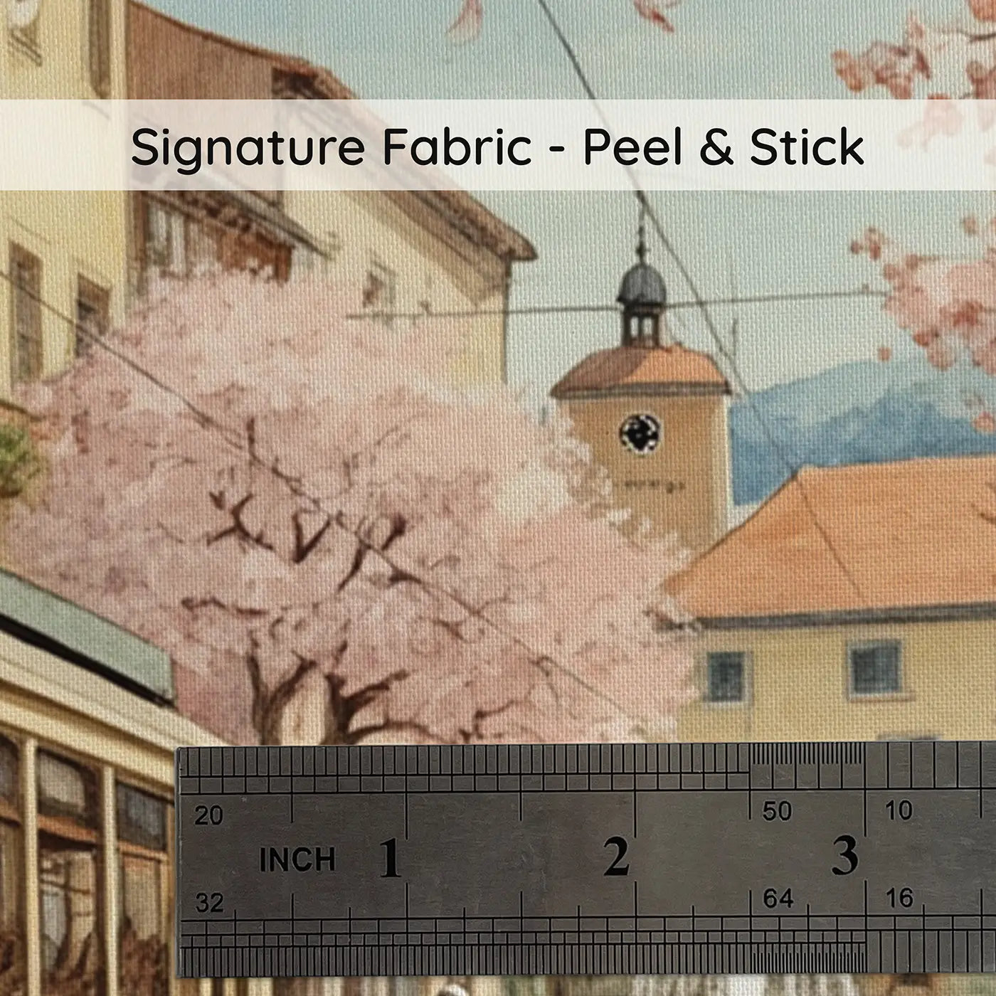 Fabric texture close-up of Flower Street Electric Tram Wallpaper Mural by Whimsy Tots