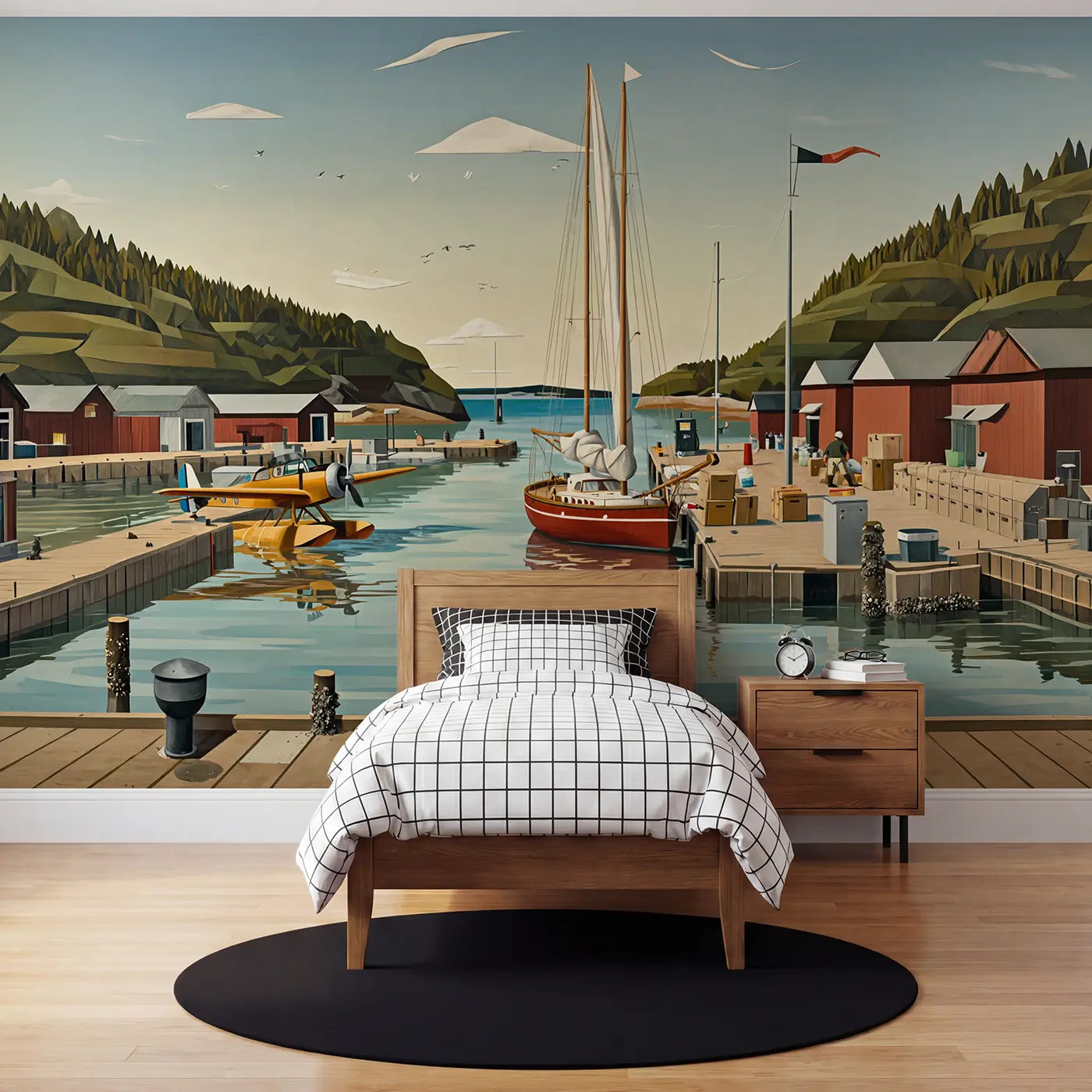 Modern illustration harbor sailboat seaplane wallpaper mural for kids room by Whimsy Tots
