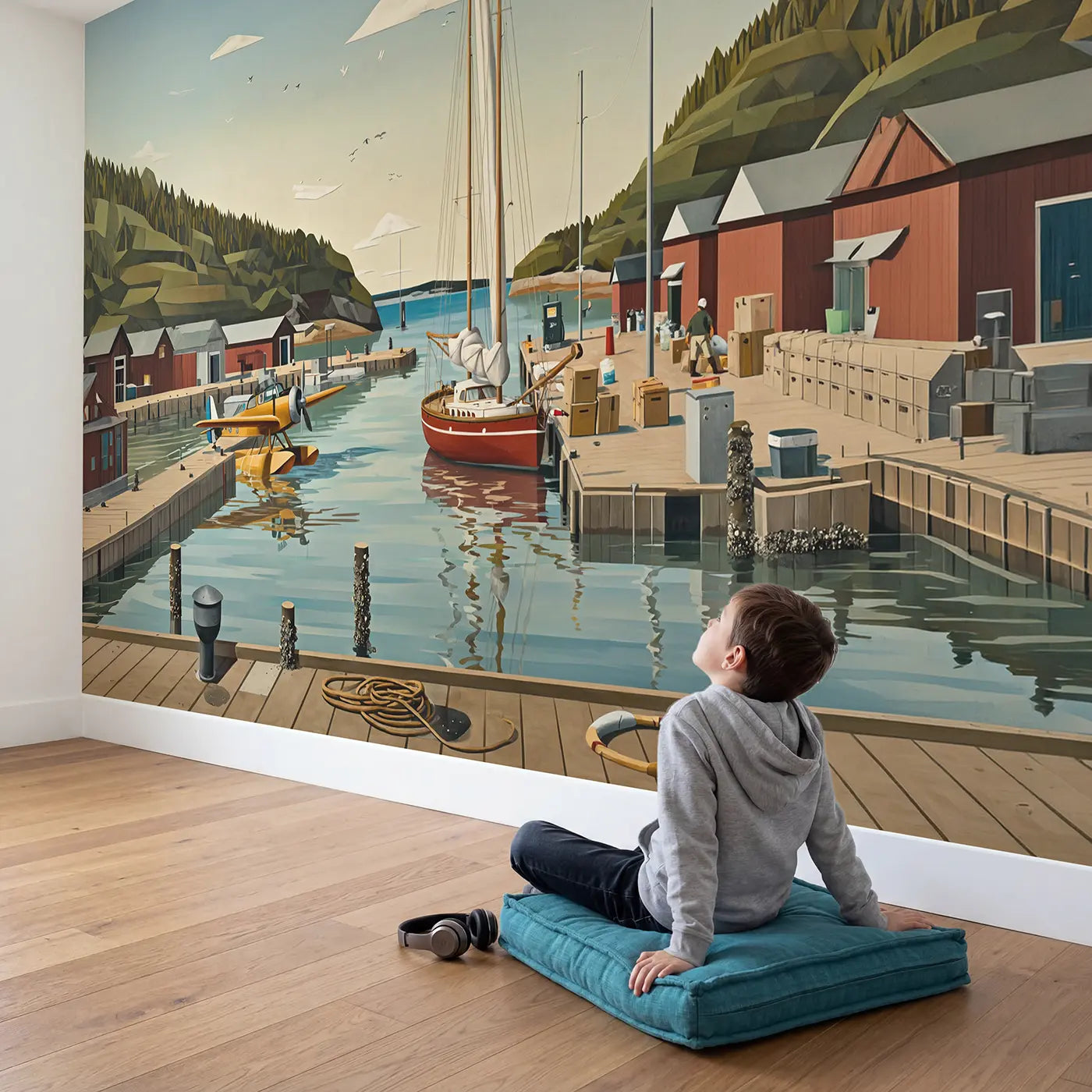 Child in nursery with Harbor Sailboat and Seaplane Wallpaper Mural by Whimsy Tots