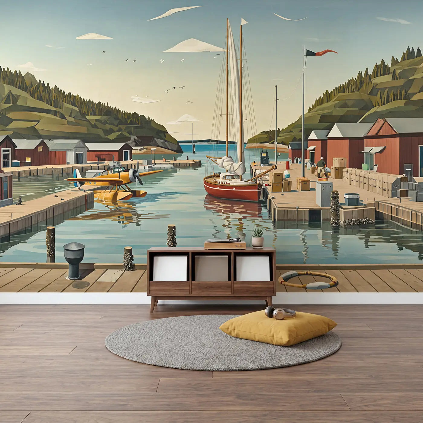 Harbor Sailboat and Seaplane Wallpaper Mural in playroom setting by Whimsy Tots