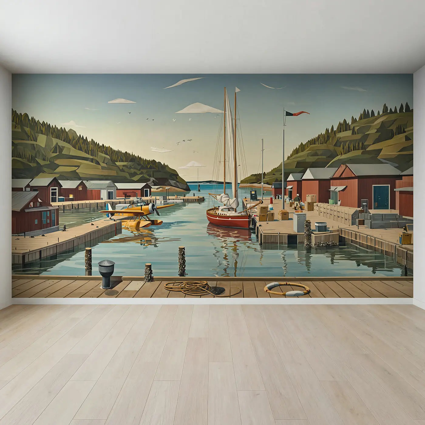 Full view of Harbor Sailboat and Seaplane Wallpaper Mural by Whimsy Tots