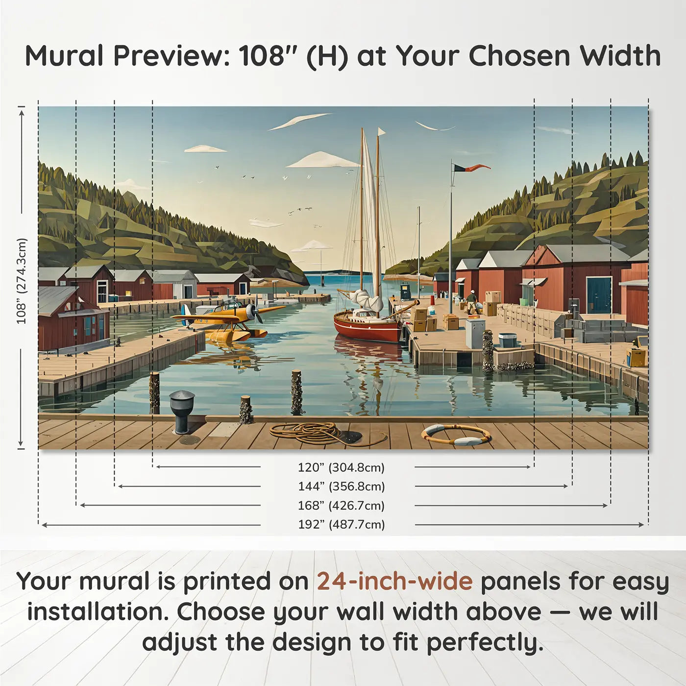 Panel layout and dimensions for Harbor Sailboat and Seaplane Wallpaper Mural by Whimsy Tots