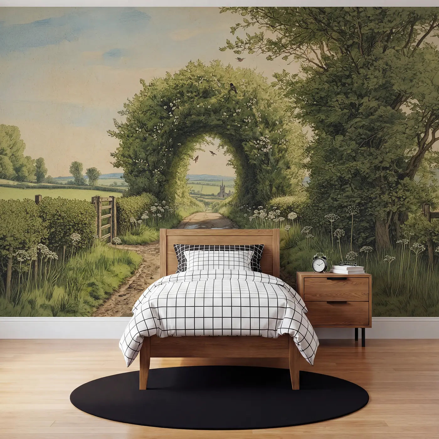 Storybook path vintage transport wallpaper mural for kids room by Whimsy Tots