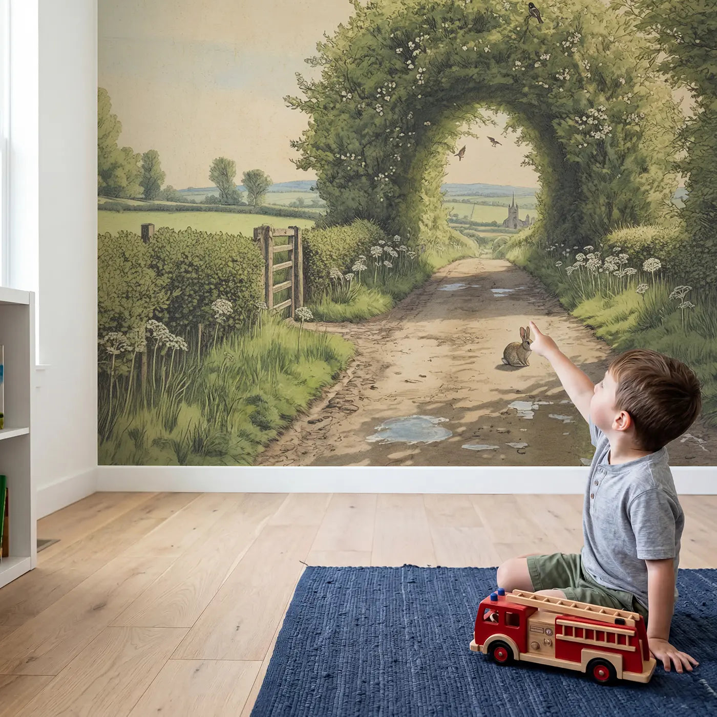 Child in nursery with Hedgerow Tunnel Lane Wallpaper Mural by Whimsy Tots