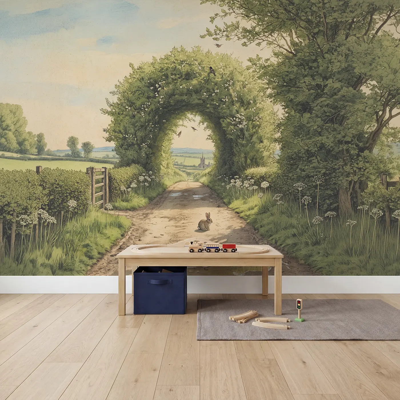 Hedgerow Tunnel Lane Wallpaper Mural in playroom setting by Whimsy Tots