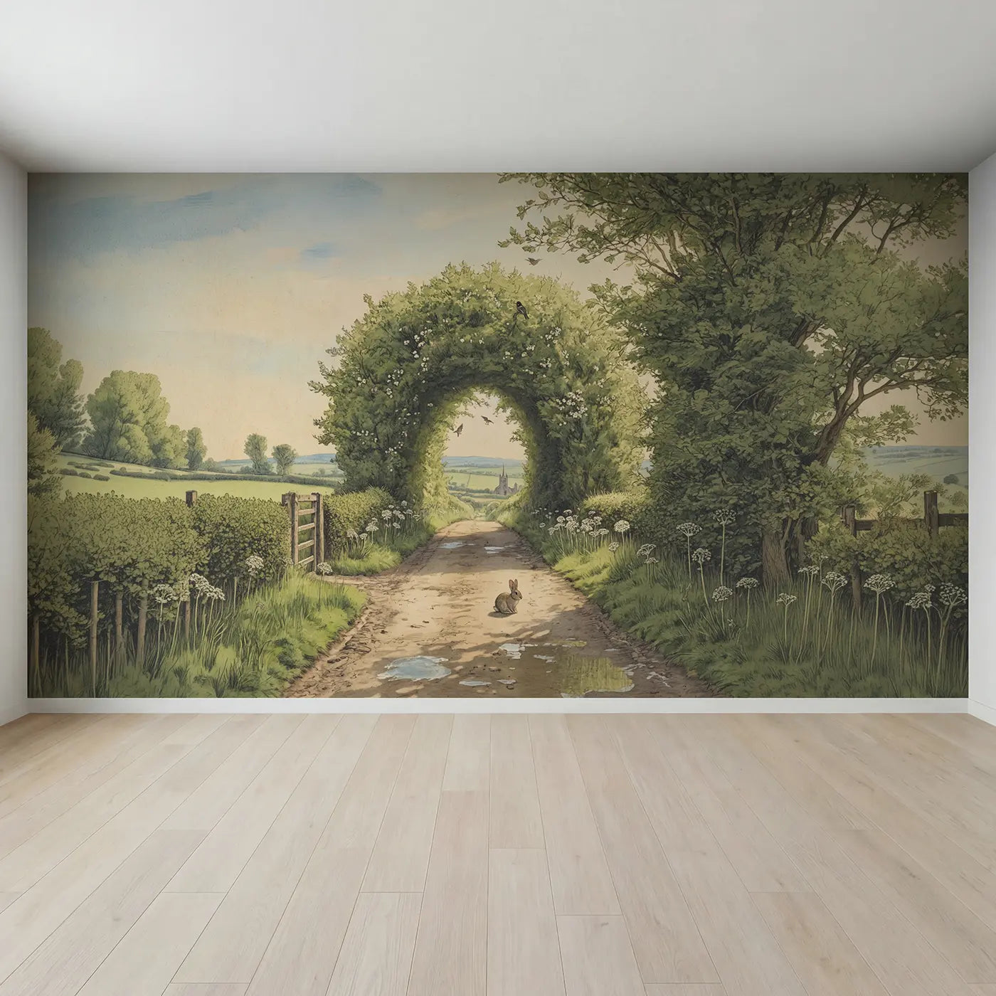 Full view of Hedgerow Tunnel Lane Wallpaper Mural by Whimsy Tots