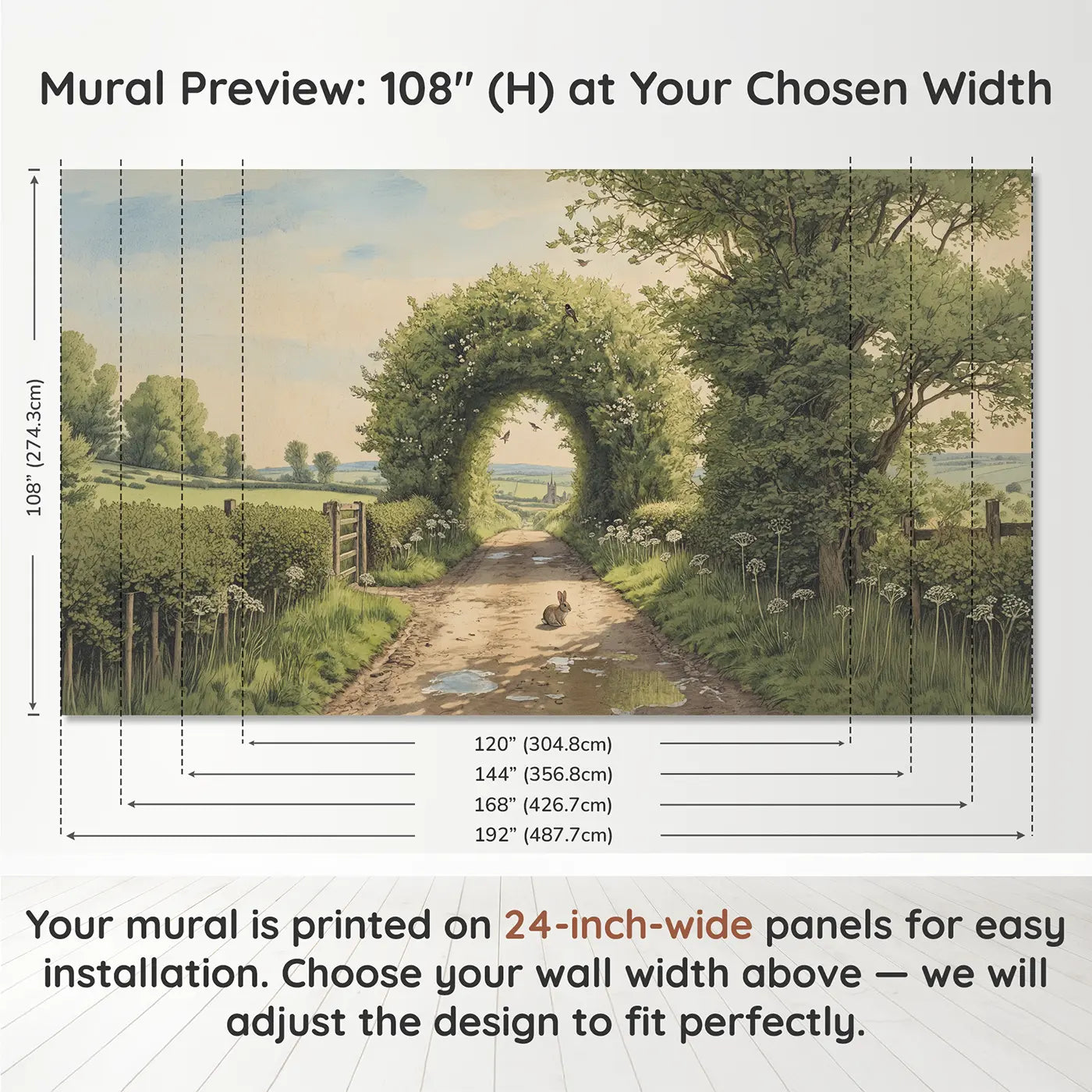 Panel layout and dimensions for Hedgerow Tunnel Lane Wallpaper Mural by Whimsy Tots
