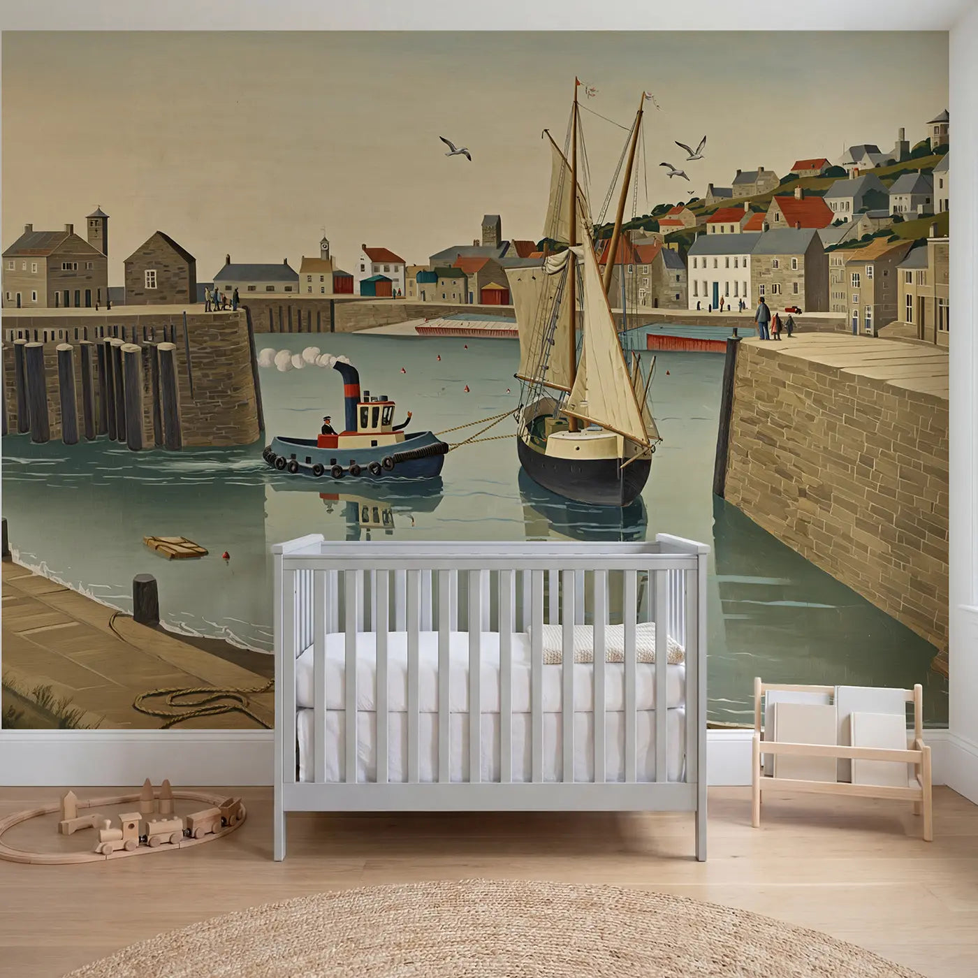 Modern Illustration harbor tugboat tall ship wallpaper mural for kids room by Whimsy Tots