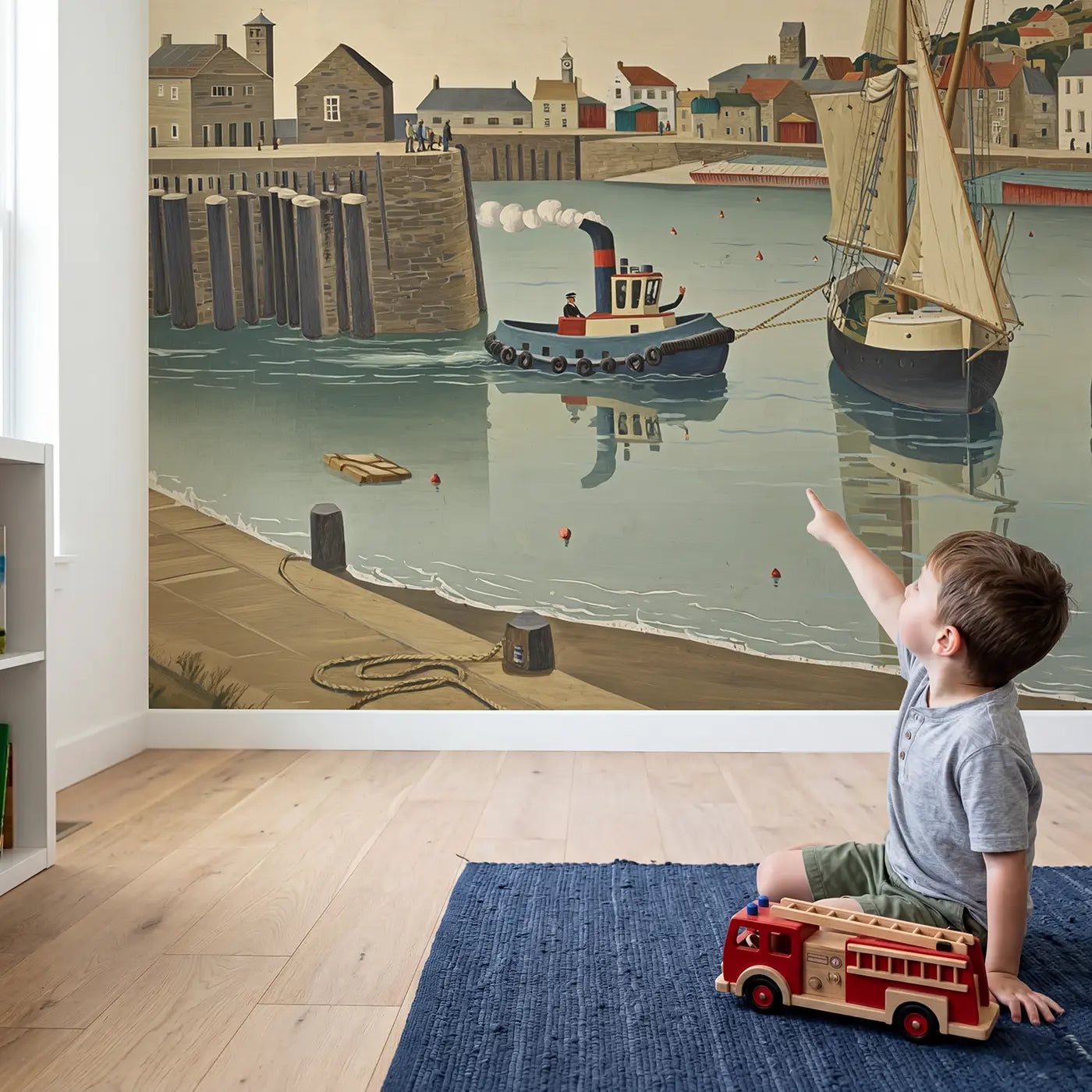 Child in nursery with Harbor Tugboat Tall Ship Wallpaper Mural by Whimsy Tots