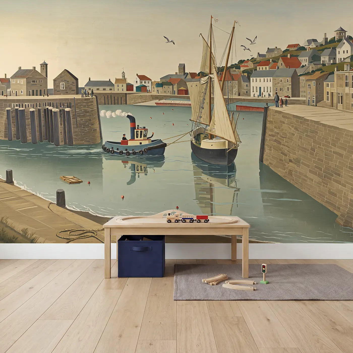 Harbor Tugboat Tall Ship Wallpaper Mural in playroom setting by Whimsy Tots