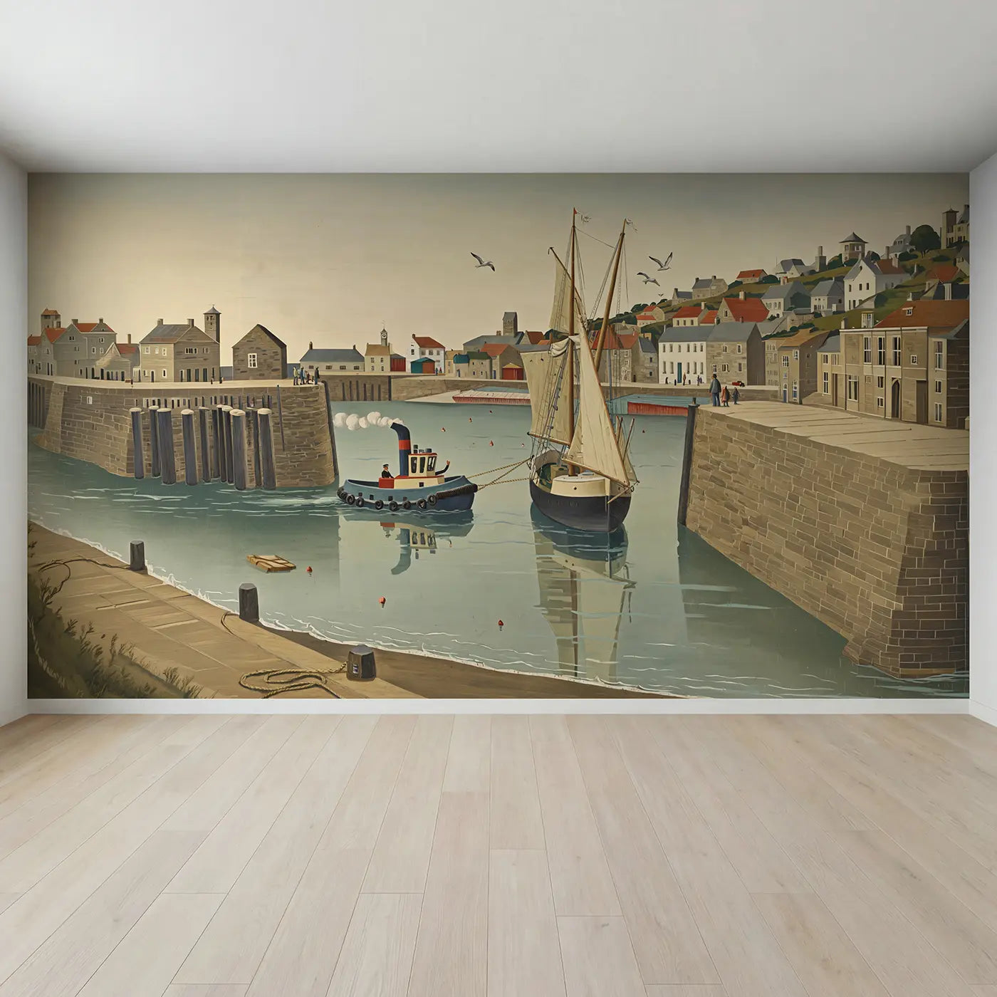 Full view of Harbor Tugboat Tall Ship Wallpaper Mural by Whimsy Tots