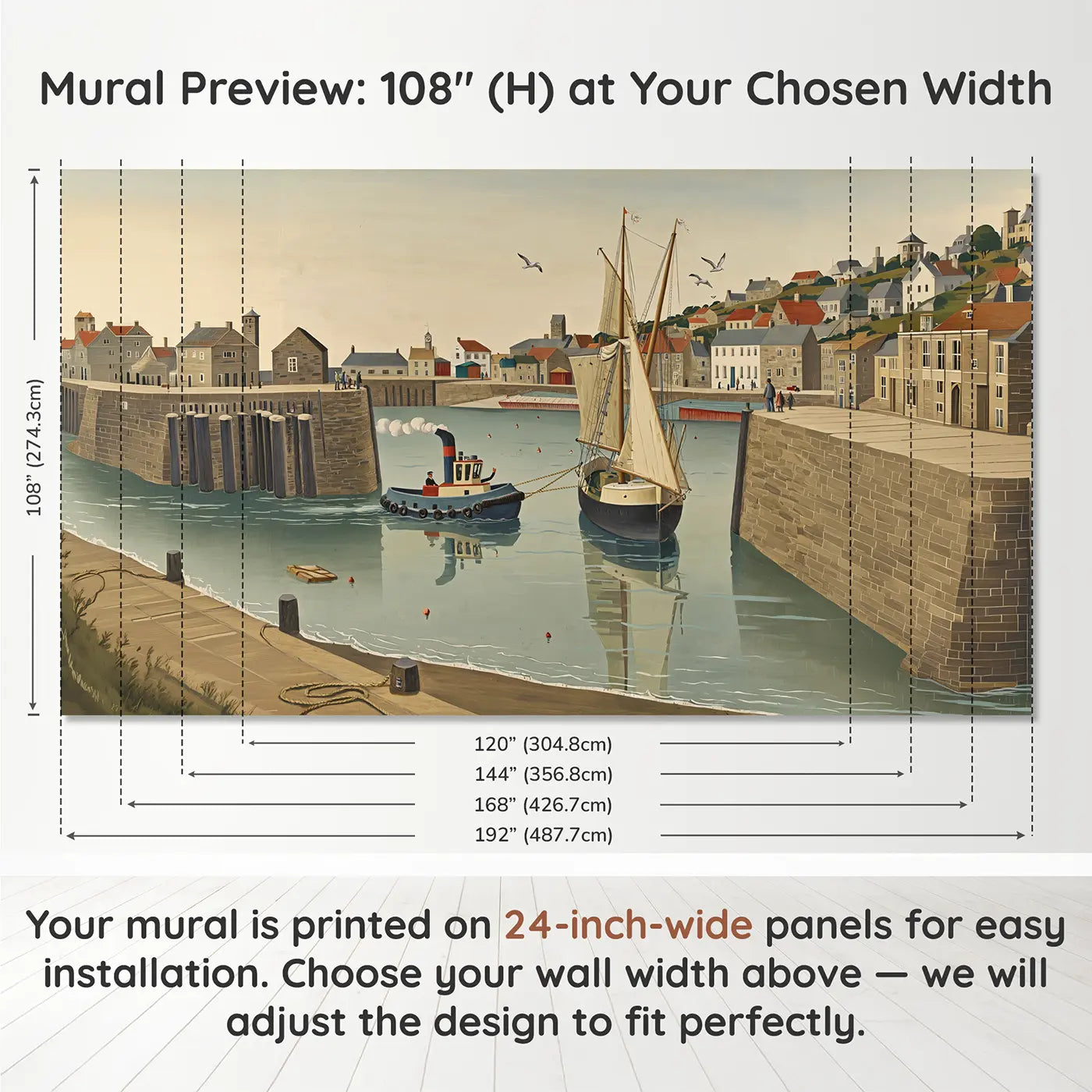 Panel layout and dimensions for Harbor Tugboat Tall Ship Wallpaper Mural by Whimsy Tots