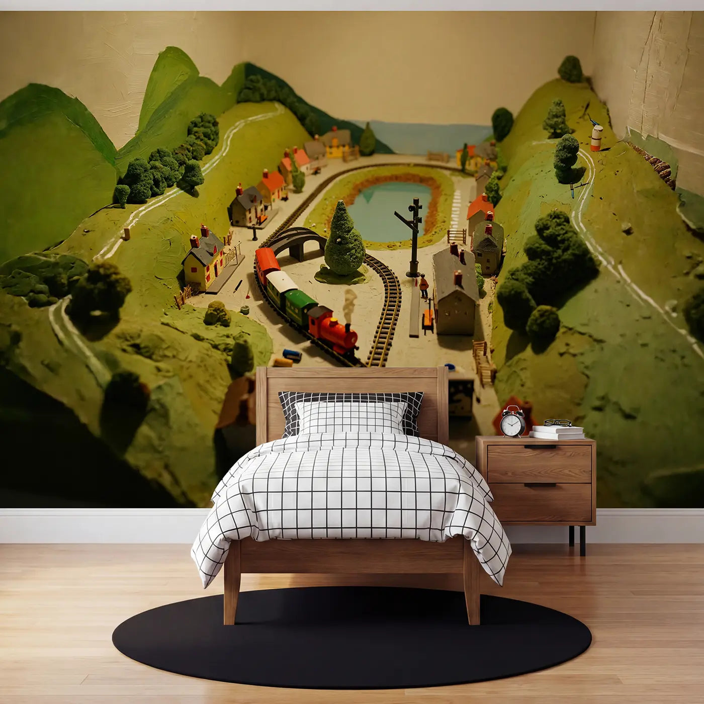 Modern illustration miniature train world wallpaper mural for kids room by Whimsy Tots