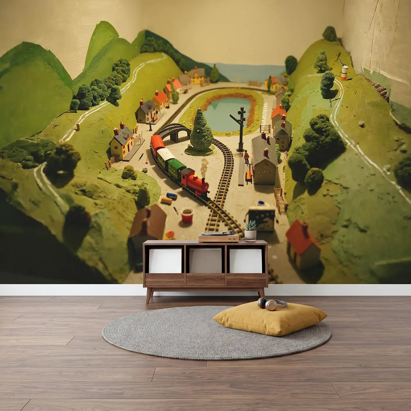 Miniature Train World Wallpaper Mural in playroom setting by Whimsy Tots