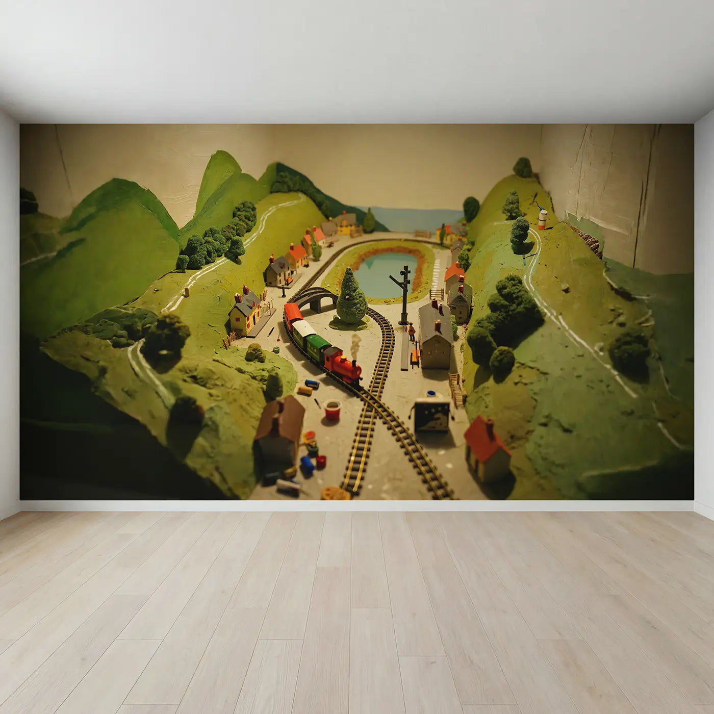 Full view of Miniature Train World Wallpaper Mural by Whimsy Tots