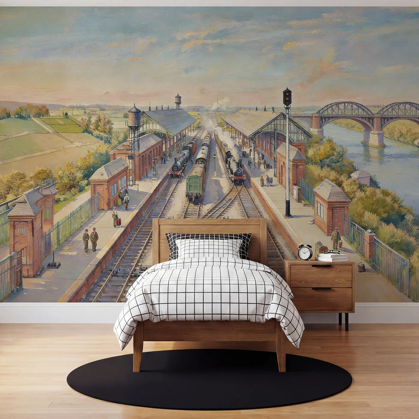 Storybook railway junction depot morning wallpaper mural for kids room by Whimsy Tots