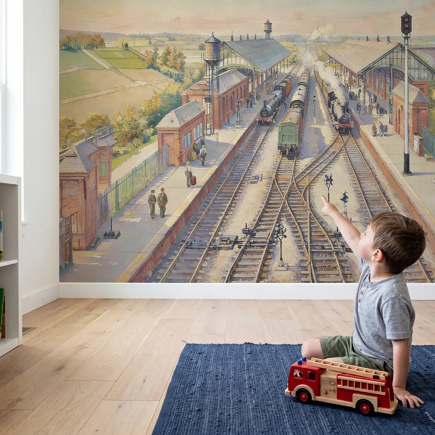 Child in nursery with Railway Junction Depot Morning Wallpaper Mural by Whimsy Tots