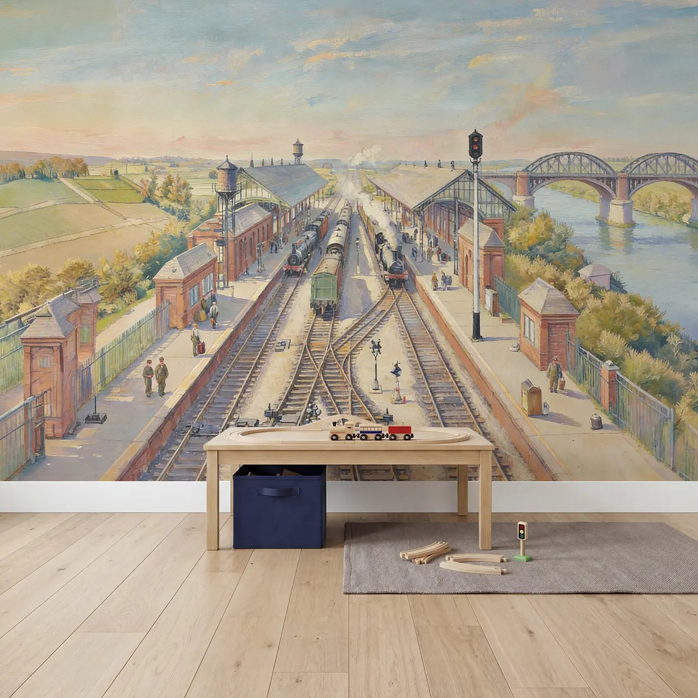 Railway Junction Depot Morning Wallpaper Mural in playroom setting by Whimsy Tots