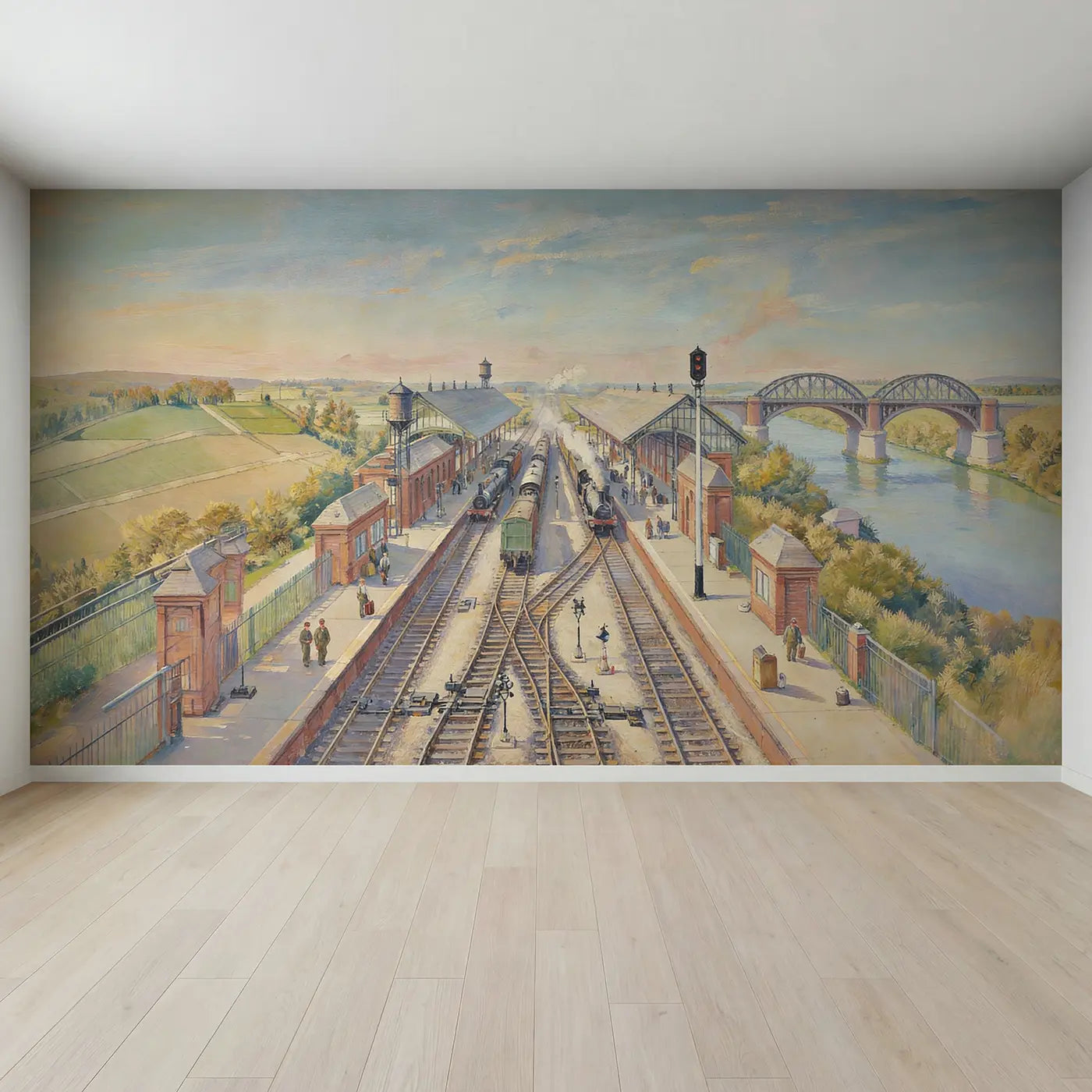 Full view of Railway Junction Depot Morning Wallpaper Mural by Whimsy Tots