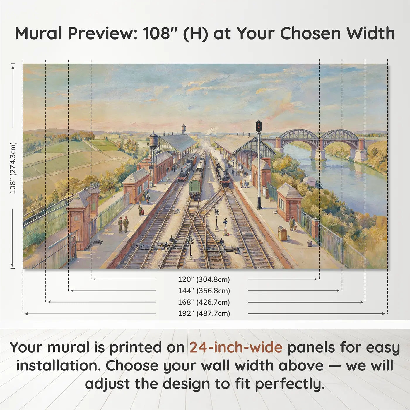 Panel layout and dimensions for Railway Junction Depot Morning Wallpaper Mural by Whimsy Tots