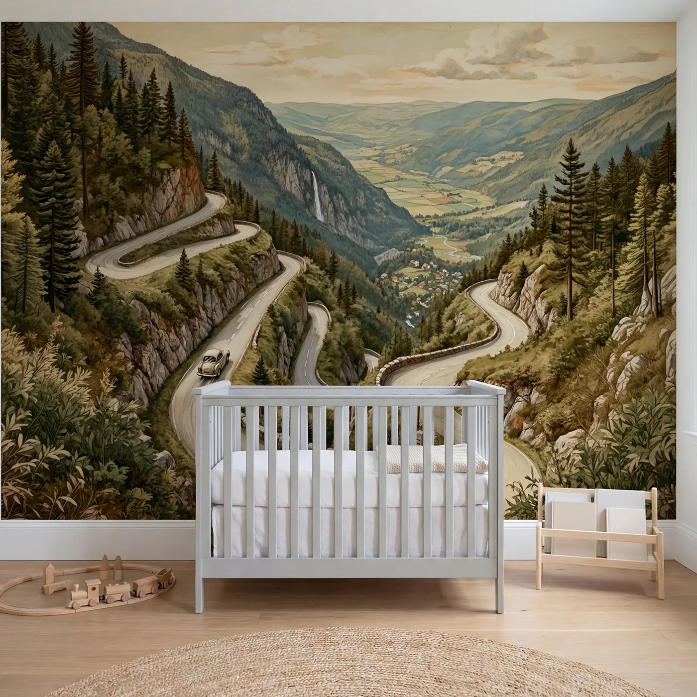 Storybook mountain hairpin road wallpaper mural for nursery by Whimsy Tots