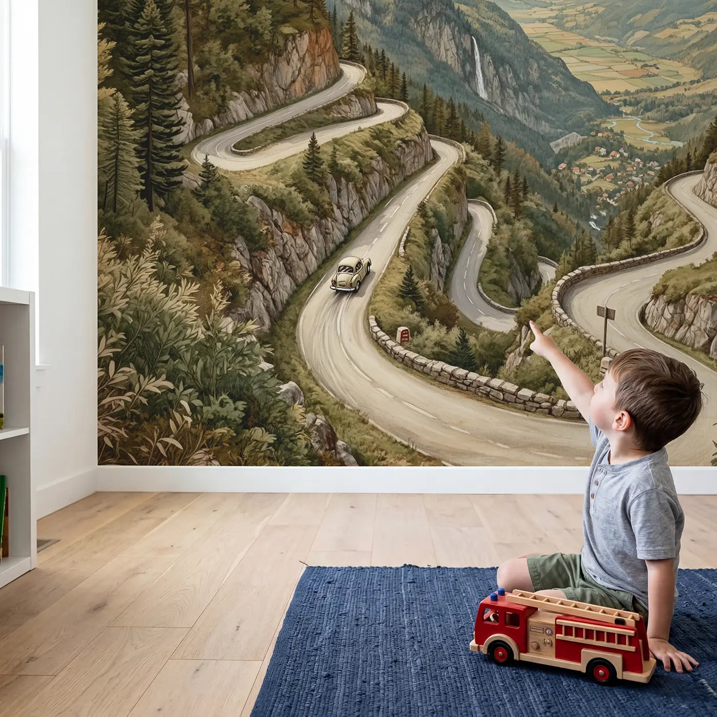 Child in nursery with Mountain Hairpin Road Wallpaper Mural by Whimsy Tots