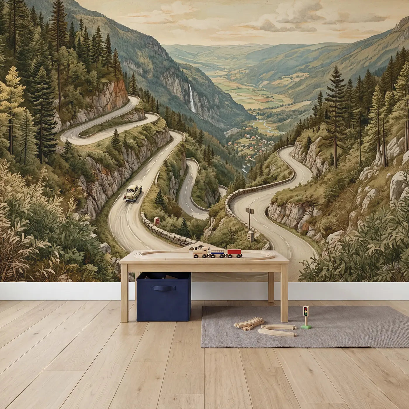 Mountain Hairpin Road Wallpaper Mural in playroom setting by Whimsy Tots
