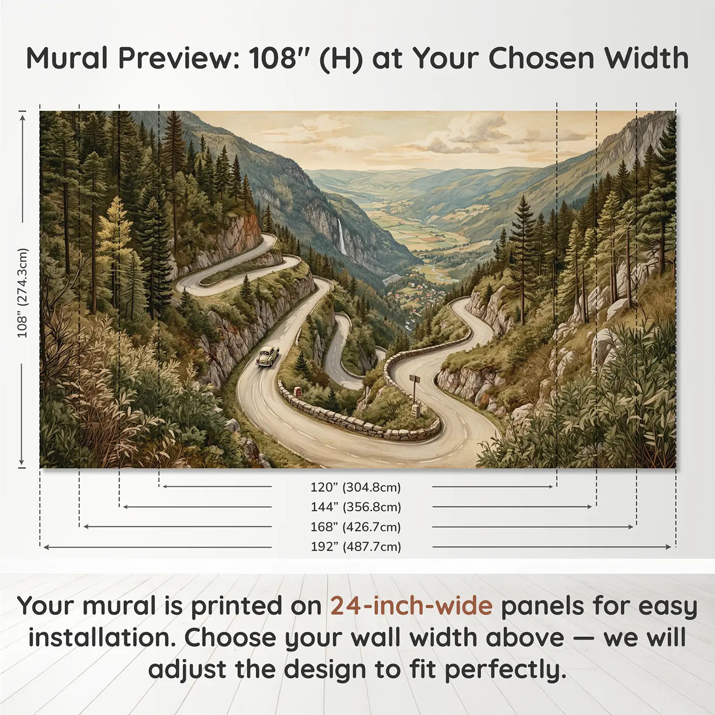 Panel layout and dimensions for Mountain Hairpin Road Wallpaper Mural by Whimsy Tots
