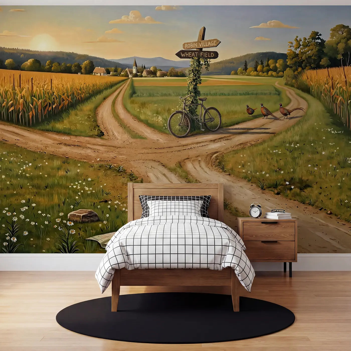 modern illustration country crossroads vintage signpost mural for kids room by Whimsy Tots