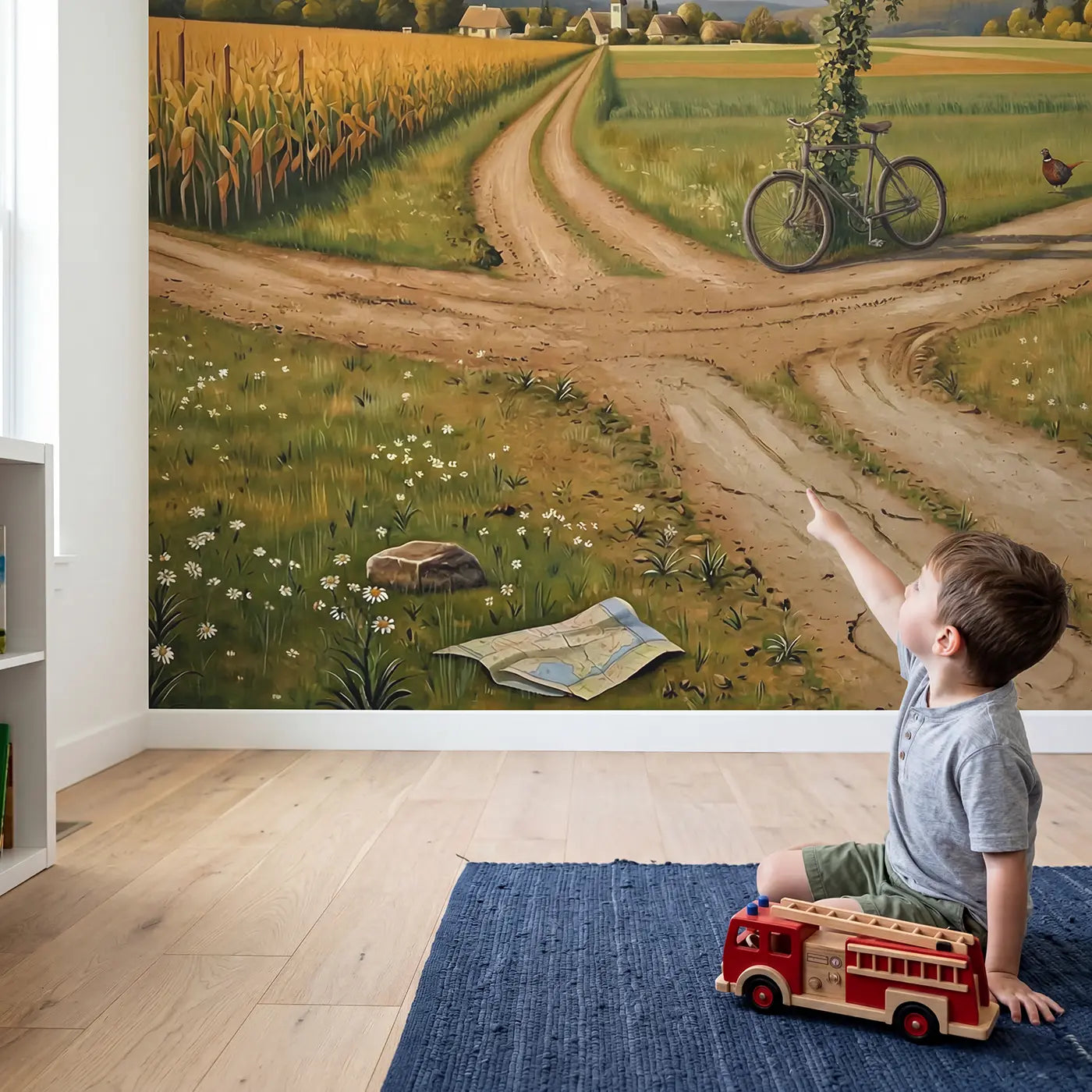 Child in nursery with Country Crossroads Vintage Signpost Wallpaper Mural by Whimsy Tots