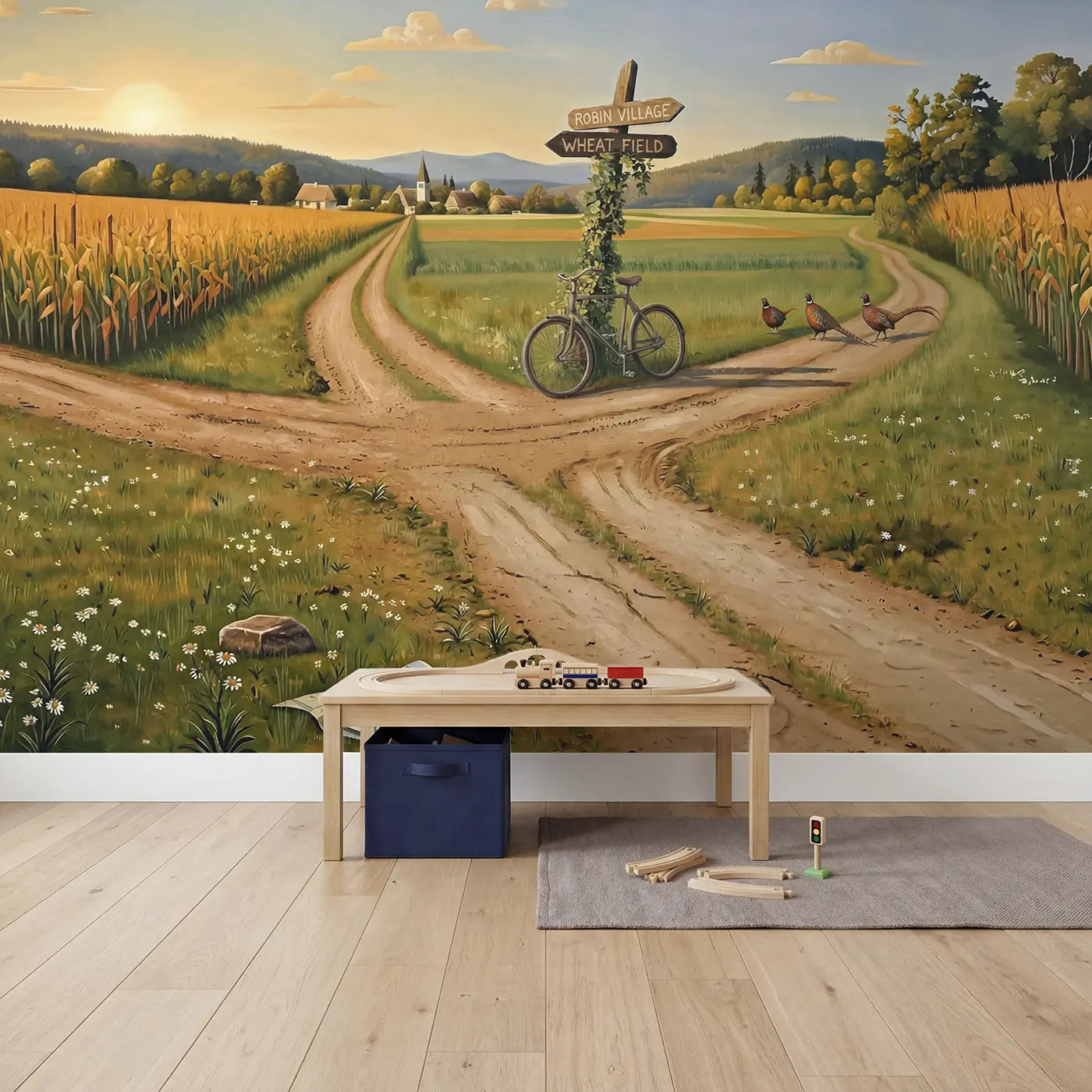 Country Crossroads Vintage Signpost Wallpaper Mural in playroom setting by Whimsy Tots
